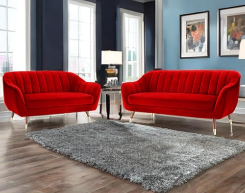 Image of AMATA Marino Solid Wood 3+2 Seater red Suede Velvet Fabric Sofa Set with Two Cushions Perfect for Home Office Guests Living Room (04 red, 3+2 Seater)(3 Year Warranty)