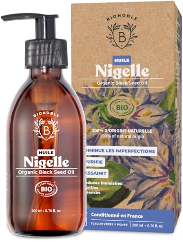 Bionoble Aceite de Comino Negro Orgánico 200ml - Botella de Vidrio + Bomba - 100% Puro y Prensado en Frío - Piel, Cabello y Uñas - Organic Black Seed Oil - Aceite Vegetal Nigella Sativa