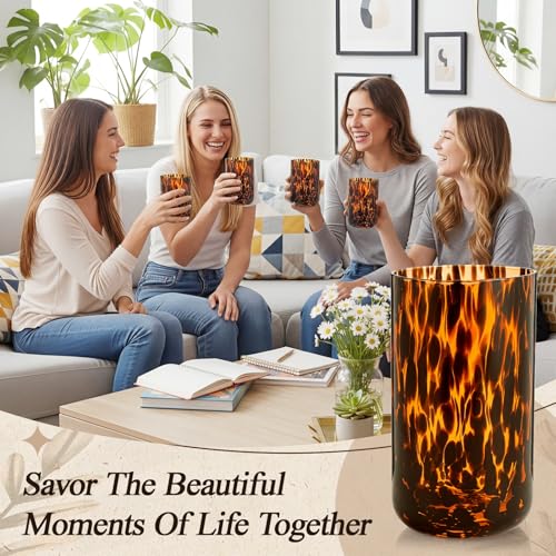 SiliFine Set of 2 Tortoise Shell Highball Glasses, 17 oz Brown Decorative Drinking Glasses, Hand Blown Leopard Print Glassware for Home Decor, Cocktail Party, Housewarming, Wedding Gifts — view 6