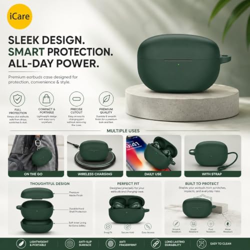 Image of iCare Soft Earphone Case Detachable Earphone Case Shockproof Silicone Earphone Cases for Sony WF-1000XM5 Long-Lasting Protection (Dark Green)