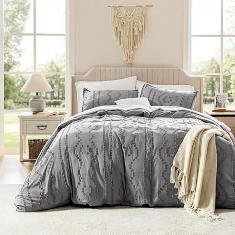 TINA'S HOME Duvet Cover King - Tufted Boho Duvet Cover Set for All Season, 3PCS- 1 Grey Washed Microfiber Duvet Cover with Zipper and 2 Pillow Shams, Chic Bedding Comforter Cover Set Cover