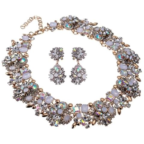 Vintage Crystal Rhinestone Statement Choker Bib Statement Necklace Earring Fashion Costume Jewelry Set for Women White Cover
