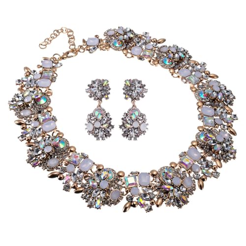 Jerollin Vintage Crystal Rhinestone Statement Choker Bib Statement Necklace Earring Fashion Costume Jewelry Set for Women White