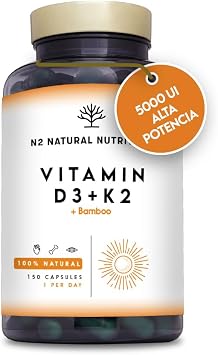 Vitamin D3 and K2. Vitamin D3 5000 ui + Vitamin K2 MK7 200  g + Silicon + Bamboo. High dosage and bioavailability. Contributes to the immune system. 150 capsules. N2 Natural Nutrition