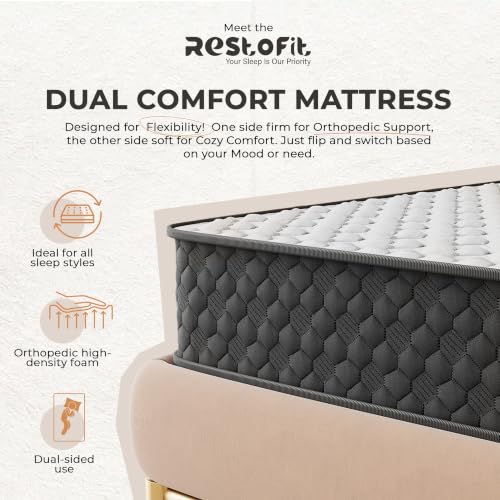 Image of RESTOFIT Orthopedic Dual Comfort Single Size Mattress 78x42x10 Inches | Medium Firm 10-Inch HR Foam Mattress for Back Support | Premium Cotton | 7-Year Warranty Vacuum Packed Roll | Sleep Well Comfort