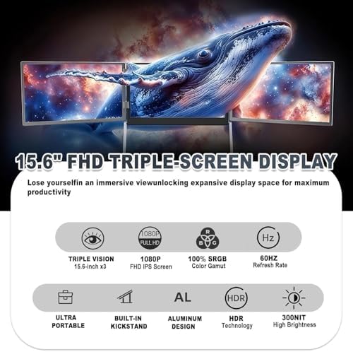 Portable Foldable Triple Monitor, 15.6'' FHD 1080P IPS Screen Extender for Laptops, HDMI/USB-C Compatible with 12-18.5in Mac/Windows/Linux Devices