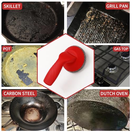 Image of Cast Iron Cleaner Scrubber with Handle -3mm Welded Chain Mail Cast Iron Scrubber Brush-Chainmail Sponge Scrub Cleaning Tool to Clean Skillets, Frying Pan, Wok,Dutch Oven