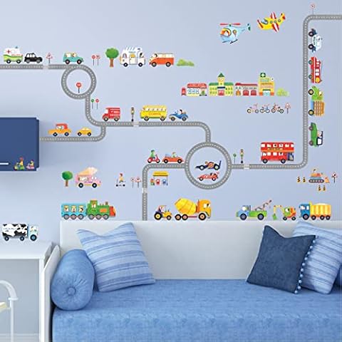 DECOWALL BS-1404P1405 The Road and Transports Kids Wall Stickers Decals Peel and Stick Removable for Nursery Bedroom Living Room Art murals Decorations Cover