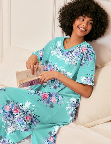Image of Ekouaer Long Nightgown, Womens V Neck Loungewear Oversized Sleepwear Loose Sleep Dress S-4XL