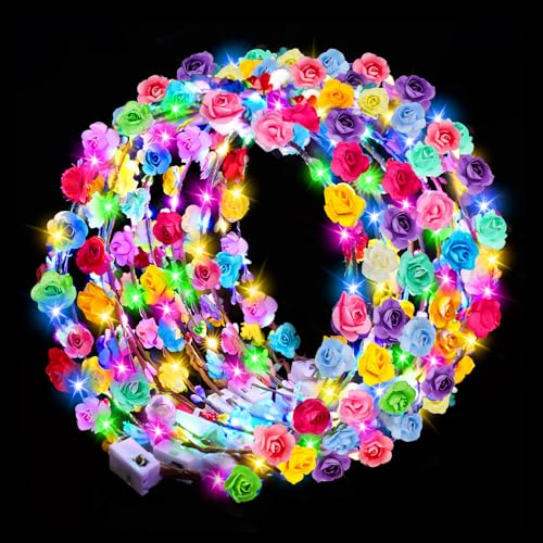HONLYNE 24 PCS LED Flower Crowns Headbands Light Up Flower Crowns for Women & Girls Glow in The Dark Flower Hairbands Wreath for Wedding Beach Party Birthday Cosplay Gifts Halloween Christmas