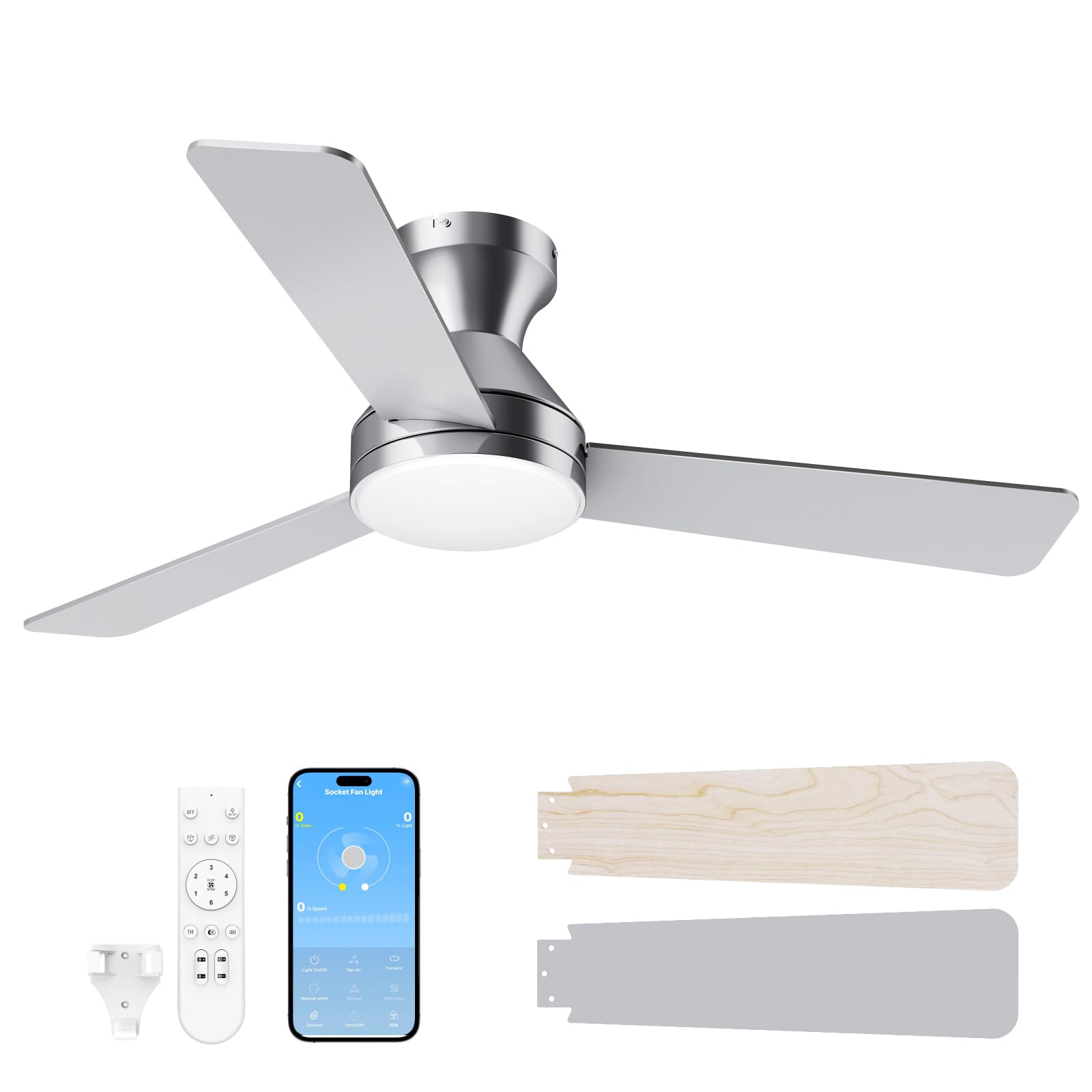 LANMEL Metal Ceiling Fan with Lights and Remote, 42 Inch, Silver
