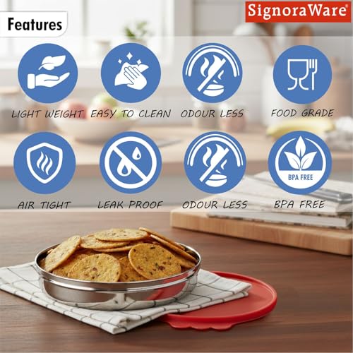 Image of SignoraWare Stainless Steel Small Khakra Box /Container | Airtight & Leakproof | Compact & Stylish Design for Kitchen & Travel Use | Ideal for Khakhra, Snacks, Roti, Dry Fruits (1.6 LTR | Red)