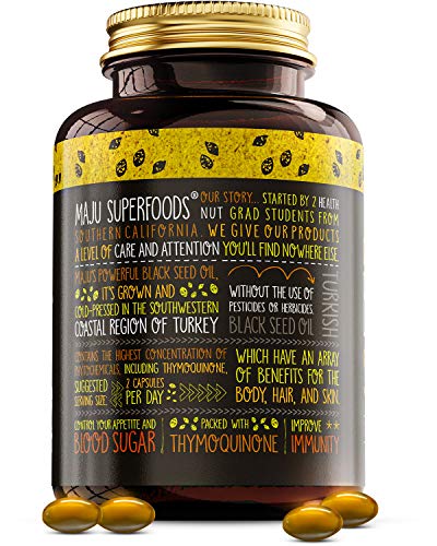 MAJU's Black Seed Oil Capsules - Cold Pressed, 3X% Thymoquinone, 100% Turkish Black Cumin Nigella Sativa Seed Oil, Organic BSO, Non-GMO, 100% Liquid Pure Blackseed Oil