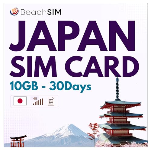 BeachSIM Tarjeta SIM Japón 30 días. 10GB de Datos prepagados a velocidades 4G/5G. Fácil de recargar. Funciona en Dispositivos iOS y Android.