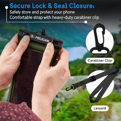 Image of Pelican 2 Pack Marine Waterproof Phone Pouch (Regular) - Olive Green | Touchscreen IP68 Floating Waterproof Phone Case w /Detachable Lanyard - Fits All Phones - Beach Cruise Ship Travel Essentials