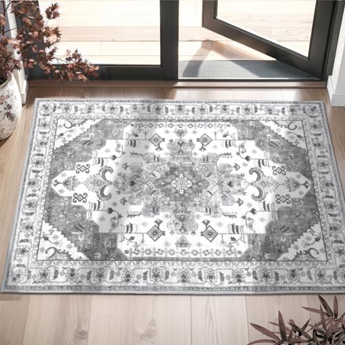 SERISSA Boho Rugs for Entryway, 2x3 Grey Entryway Rug Non-Slip Washable Small Area Rug, Ultra Soft Oriental Vintage Low-Pile Indoor Door Mat Floor Carpet for Entrance Bedroom Kitchen Bathroom