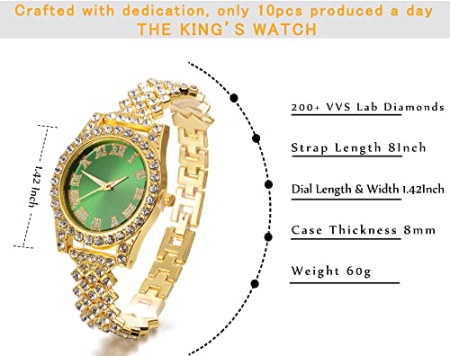 Image of Halukakah Diamonds Gold Watch Iced Out, Kid's 18K Real Gold /Platinum White Gold Plated 36MM Width Green /Blue /Red Dial Quartz Wristband 8 inch with Cuban Link Chain 7 inch+16 inch Bracelet, Free Giftbox