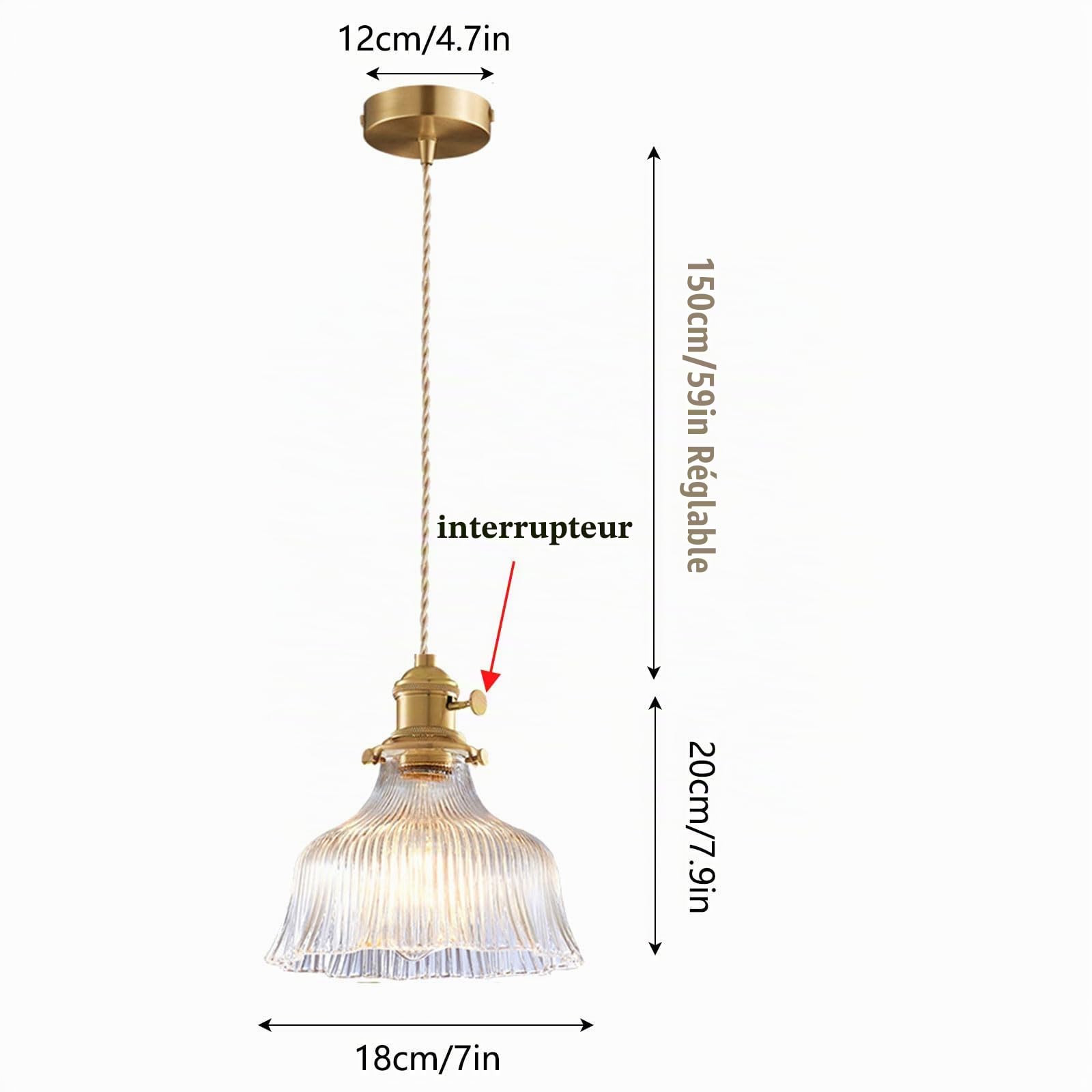 Suspension en Verre Vintage Lampe Suspendue Rétro avec Douille E27 en Laiton et Interrupteur Intégré pour Îlot de Cuisine, Salle à Manger, Salon, Bar, Café, Chambre (Transparent, 18cm)