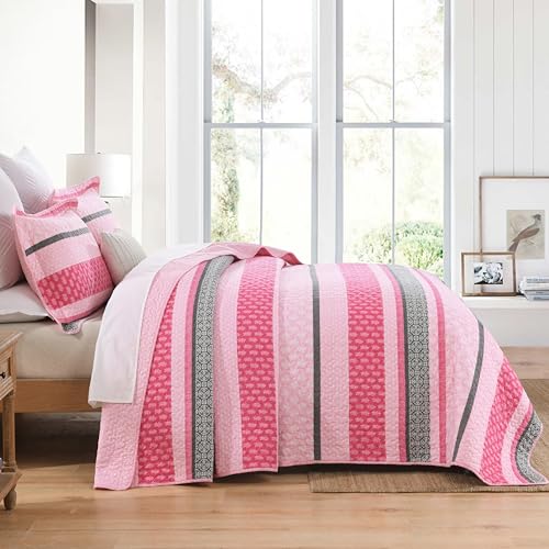 Image of Homzard Quilts Queen Size, Cotton Comforter Set, Hot Pink Grey Queen Bed Set, Lightweight Striped Bedding, Farmhouse Bedspread All Season 3 Pieces