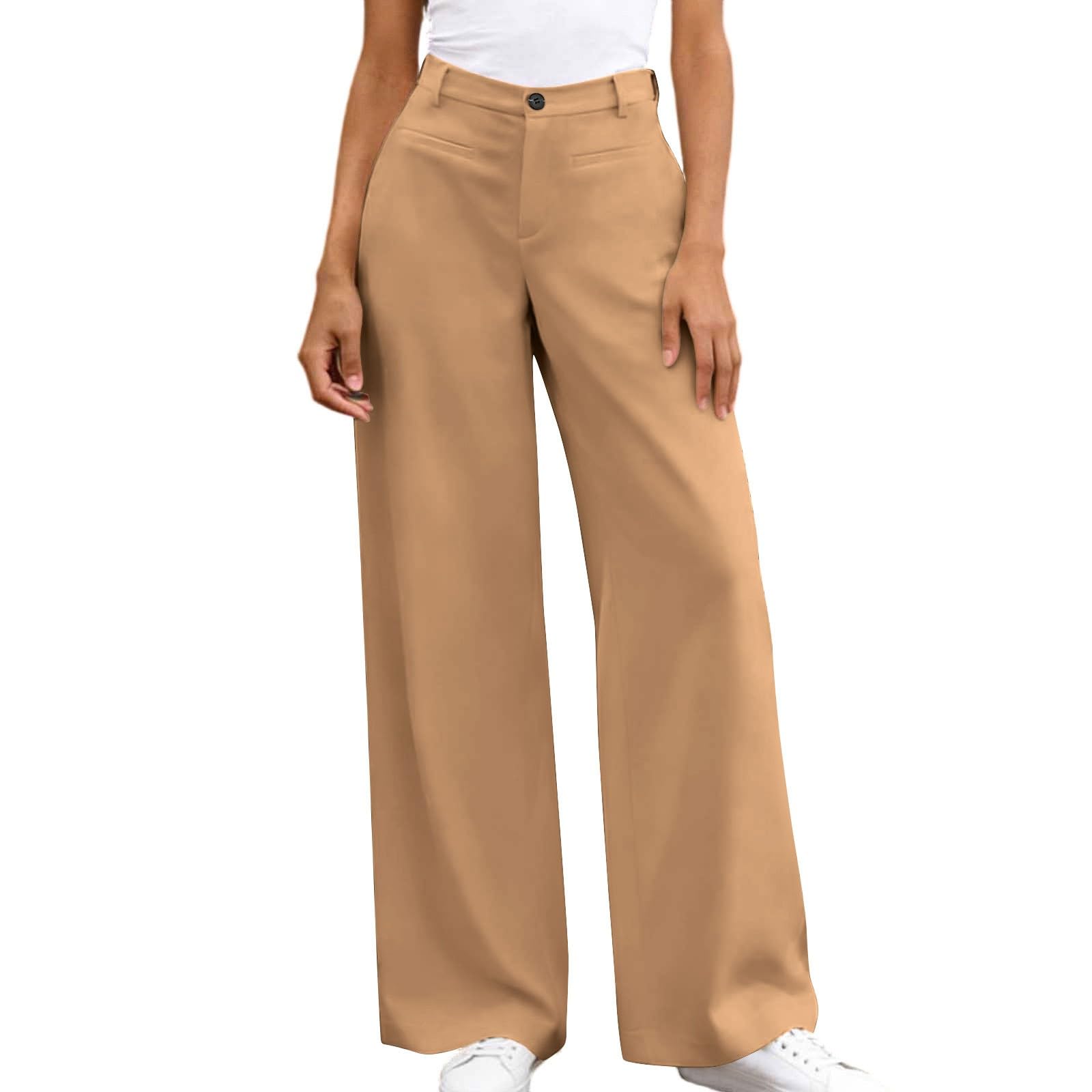 Generisch Pantalon de costume pour femme - Jambe large - Beige - Léger et aéré - Jambe droite - Pantalon long d'été fin - Pantalon de costume pour femme - Taille haute - Pantalon Palazzo - Pantalon