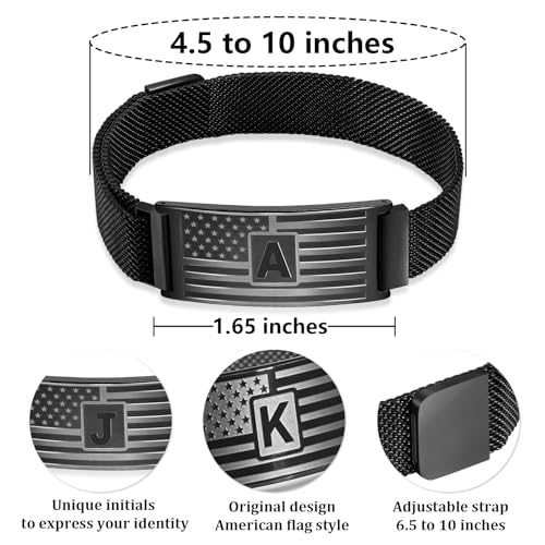DuoDiner Initials Bracelets for Men Boys,A-Z Capital Letters American Flag Stainless Steel Bracelet Jewelry Gifts for Men Boys Kids Son Grandson Brother Dad Husband4
