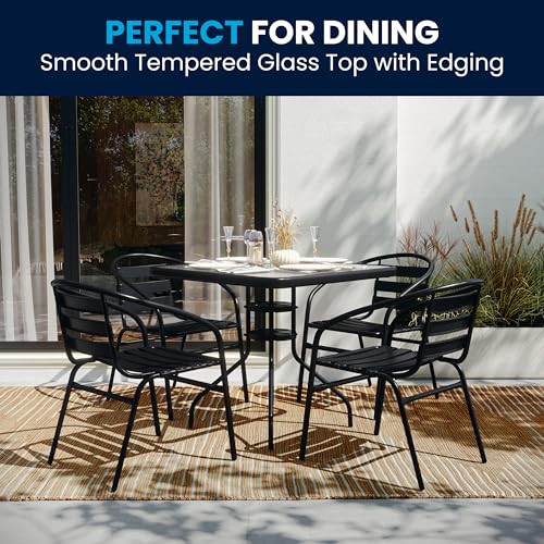 Flash Furniture 5-Piece Patio Dining Set with 31.5" Square Glass Metal Table and 4 Stackable Slat Back Chairs, Indoor/Outdoor Bistro Set, Black - Image 6