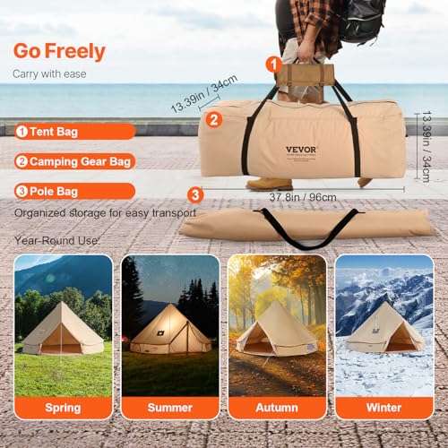 VEVOR Canvas Bell Tent,4 Seasons 5 m/16.4 ft Yurt, for Camping with Stove Jack, Family Camping Outdoor Hunting Party - Image 6