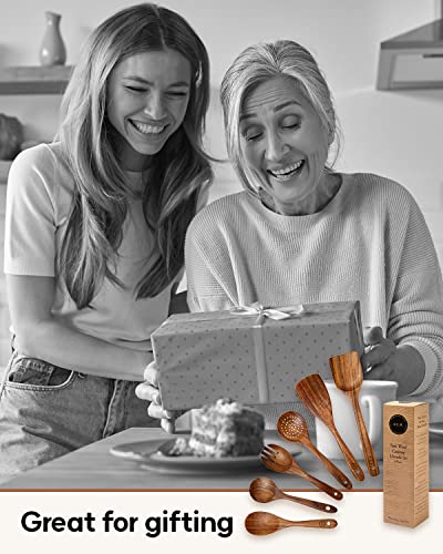 Non-Toxic Wooden Spoons For Cooking Uncoated Premium Teak Wood Utensils Set 6-Piece Wooden Kitchen Utensils Set Wooden Cooking Utensils Wooden Utensils Wooden Spoons Housewarming Gifts #TOP6