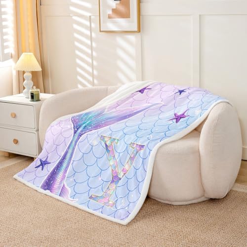 Homemissing Manta de sirena con letra Y, forro polar suave, acogedora, mullida, cálida, vida del océano, animales marinos, escamas de peces, bebé, 30 x 40 pulgadas, para cama, sofá, sala de estar