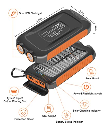 Solar Charger 20000Mah Solar Power Bank Portable Charger External Battery Pack Usb C Input/Output Port Waterproof Solar Panel Charger With Dual Led Flashlights For Ios, Android And Outdoor Camping #TOP4
