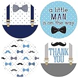 Little Man Baby Shower Thank You Stickers – 40 Count, 1.75' Round Labels with Mustache and Suspenders Theme for It’s a Boy Party Favors and Decorations