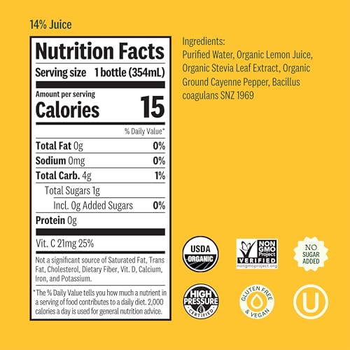 Suja Organic Cold-Pressed Lemon Love, Lemon Juice with No Additives, Excellent Source of Vitamin C for Immunity Support, Vegan, Plant-Based & USDA Certified (12 Fl Oz)