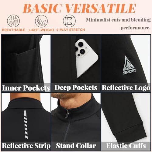 AMZSPORT Herren Sportjacke Leichtes Microfleece Laufjacke Trainingsjacke mit Reißverschluss Taschen für Outdoor,Wandern,Freizeit und Laufen,Schwarz L