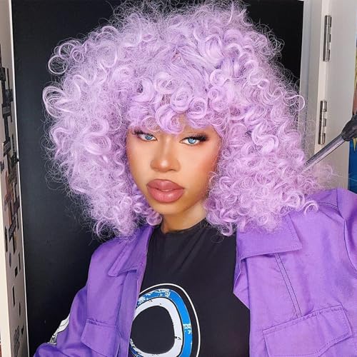PHOENIXFLY Short Purple Curly Synthetic Wig for African American Women