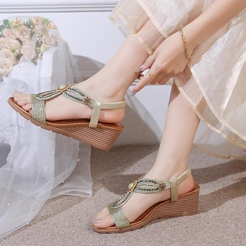 Dressy Rhinestone Flower Sandals for Women with Low Heels and Elastic Ankle Strap