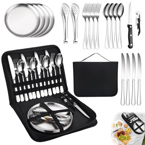 Camping Cutlery Set for 4 People, 21 Pieces, Portable Camping Tableware, Stainless Steel Cookware, Camping Best