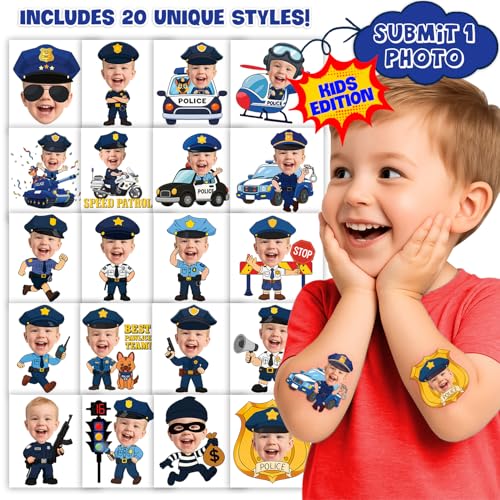 Image of Custom Police Temporary Tattoos for Kids | Personalized Pre-Cut Face Photo, Birthday Party Favors for Boys, Police Lovers, Set of 20