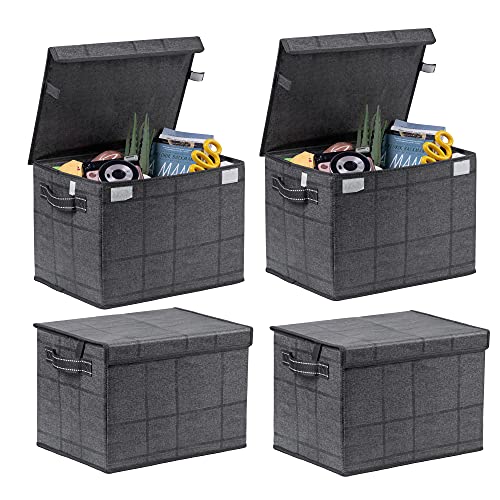 VENO BAG Lot de 4 grands bacs de rangement pliables avec couvercle, conteneur pour étagère de bureau à domicile, jouets, vêtements, articles divers, réutilisables et durables (BLK/WIN - Lot de 4) Cover