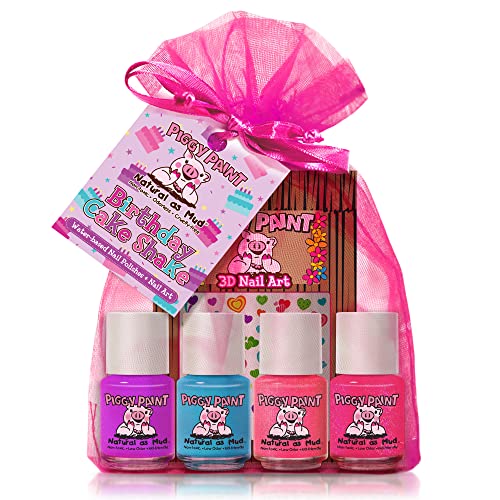 Image of Piggy Paint | 100% Non-Toxic Girls Nail Polish | Safe, Cruelty-free, Vegan, & Low Odor for Kids | Birthday Cake Shake Set (4 Polish + Nail Art Gift Set)