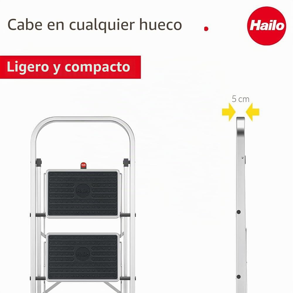 Hailo K30 3960161 Taburete de Aluminio con 2 Peldaños y Esterillas Antideslizantes, Plateado