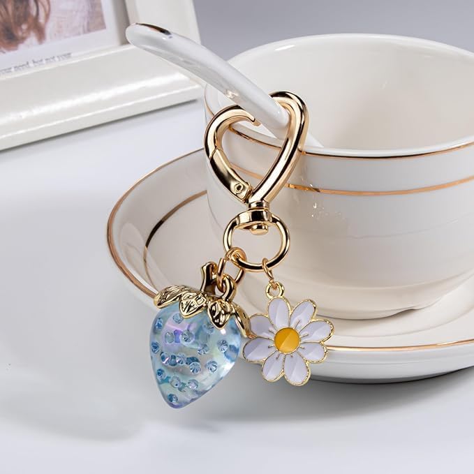 Cute Strawberry Keychain,Bag Charms,Kawaii Heart Flower Daisy Key chains Accessories Decor for Girls Purse Gift - Image 2