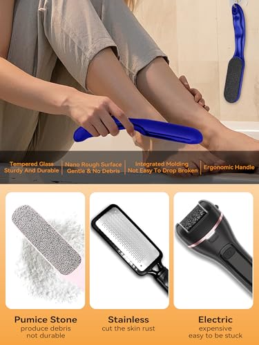 Ofrgie Nano Glass Foot File Professional Foot Scraper Dead Skin Rasp, Wet Dry Foot Callus Remover, Pedicure Tools for Feet Exfoliator, Anti-Slip Handle Rope & Storage Bag Gift for Women Blue