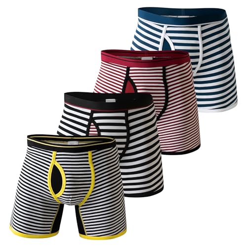 Men's Boxer Briefs, Front Fly Stripes Pattern Cotton Underwear with ComfortFlex Waistband, 4-Pack