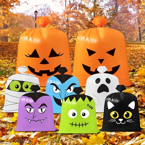 CNhoqc Halloween Lawn Leaf Bags - 8 Pcs Halloween Theme Pumpkin Black Cat Ghost Mummy Patterns Waste Bags with Twist Ties Large Grass Plastic Trash Container for Garden Outdoor Halloween Decorations