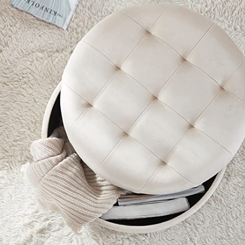 Ornavo Home Donovan Tufted Round Storage Ottoman With Removable Lid For Living Room And Bedroom - Cream Velvet #TOP2