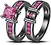3-Piece Black Gold Plated 925 Silver Trio Wedding Ring Set for Couples - Princess Cut Pink Sapphire Engagement Ring & Matching Bands for Him and Her (7.5)