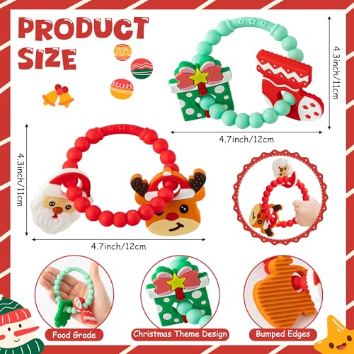 Image of Christmas Baby Silicone Teether Toys - 2ooya 2Pcs Deer Gift Teething Ring Infant Soft Teether Toddler Sensory Chew Toy with Rattles for Newborn to Soothe Sore Gums The First Christmas Gifts for Babies