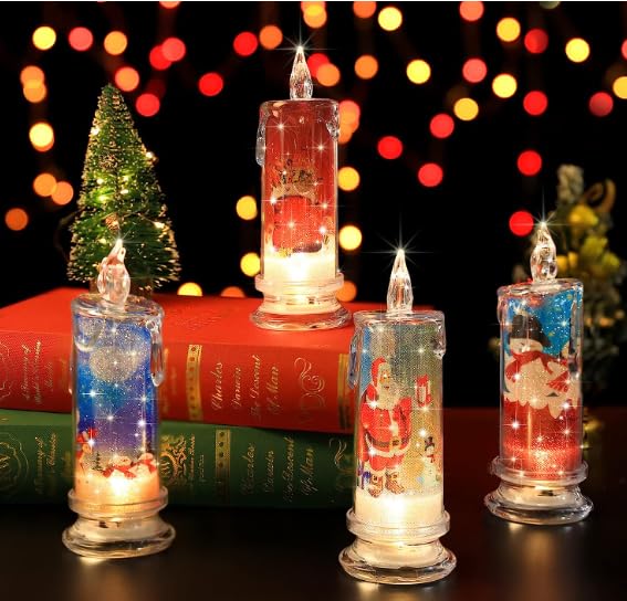 Christmas Flameless Candles with Santa Claus, Snowman,Decals Set of 4, Battery Operated Christmas Themed LED Candles for Festival Gift Christmas Decorations