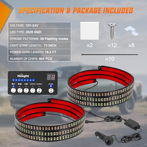 Image of Nilight 2PCS 70 Inch Emergency Strobe Light Strip with Controller 864 LED Amber White Running Board Lights Flexible Side Flashing Warning Caution Safety Waterproof for Truck Construction Pickup