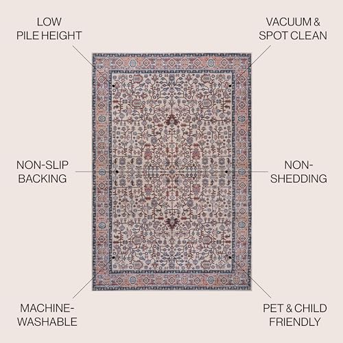 Image of JONATHAN Y Machine Washable Beige /Red /Blue Indoor Area Rug 5X8 ft, Kemer for Living Room, Bedroom, Kitchen, Office, Easy-Cleaning, High Traffic, Pet-Friendly, Non-Shedding WSH104C-5